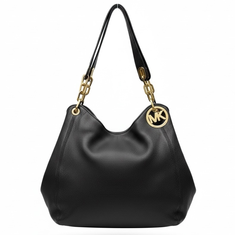 Michael Kors Fulton Shoulder Bag Black Pebble Leather Gold Tone Chain and Logo